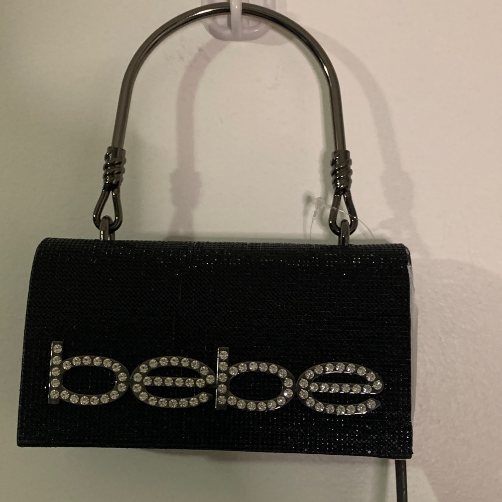 Bebe Black Clutch with Rhinestone Logo